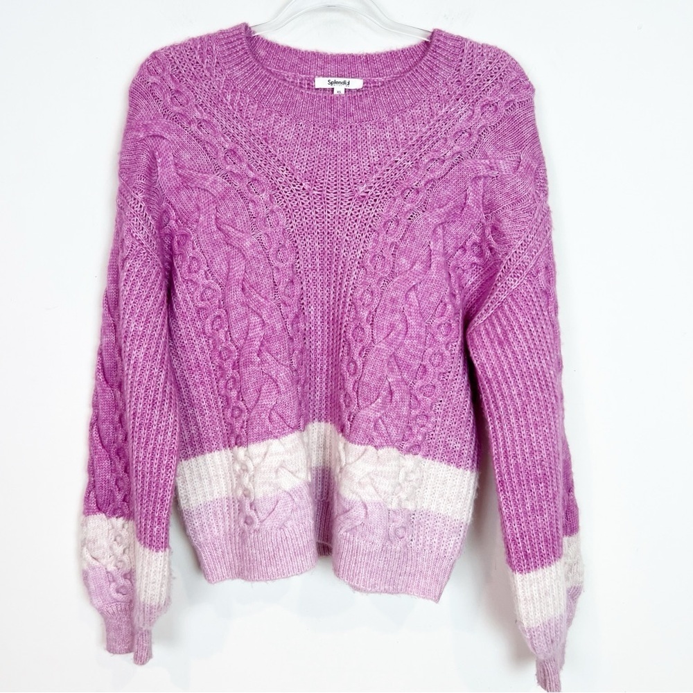 SPLENDID SAMANTHA PINK WHITE CABLE KNIT PULLOVER SWEATER WOMENS XS - Picture 7 of 7